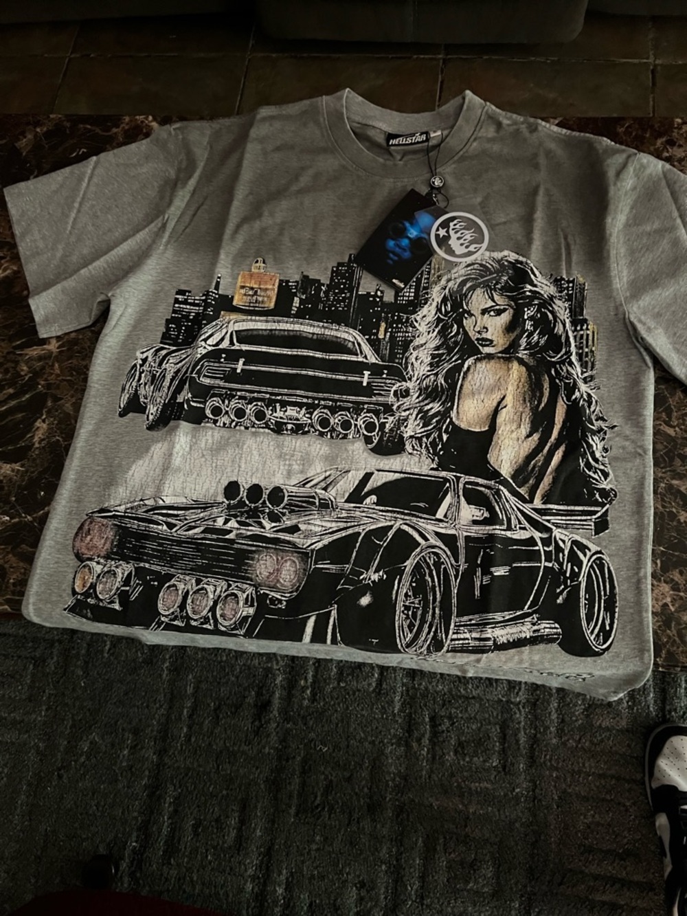 Hellstar gray tee shirt with women and muscle car